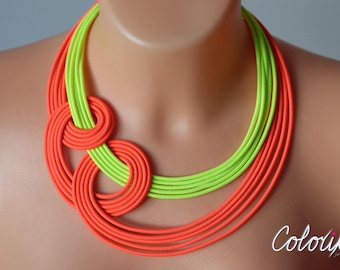 Neon knotted necklace, Red neon necklace,Yellow neon necklace,Neon jewelry,Knotted strand jewelry,Tribal textile jewelry,Trendy bib necklace