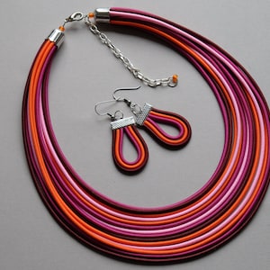 Multi strand necklaces, Multi strand colourful jewelry set,Pink orange necklace, Necklace and earrings, Burgundy textile tribal necklace