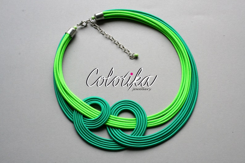 Neon fabric necklace, Green neon necklace, Knotted green necklace, Statement rope necklace, Unique fun necklace, Chunky colourful necklace image 3