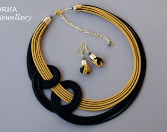 Mustard & Black Knotted Necklace Set: Fabric Tribal Jewelry