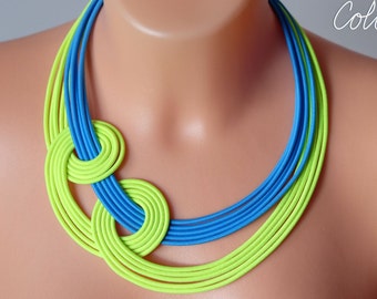 Neon necklace, Knot neon necklace, Boho chic necklace, Bright yellow necklace, Knotted rope necklace,Bold strand necklace,Colourful necklace