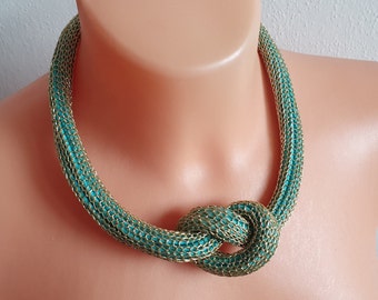 Turquoise gouden ketting, Geknoopte ketting, Knoop ketting, Blauwe ketting, Gouden juwelen, Blauwe juwelen, Vette ketting, De ketting van de verklaring