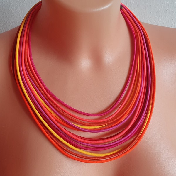 Bright neon necklace, Orange necklace, Pink necklace, Strand necklace, Rope necklace, Textile cord necklace,Fabric necklace,African necklace