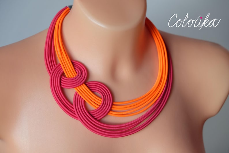 Neon orange and pink knot necklace, Unique knotted necklace, Colourful rope necklace, Statement pink necklace, Trendy necklace Colorika image 3