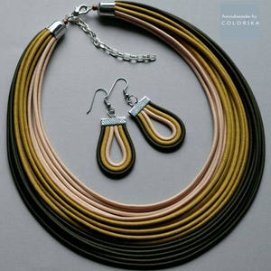 Statement bib necklace, Khaki beige jewelry set, Colourful tribal jewelry, Fiber strand jewelry, Khaki cords earrings, Fashion necklace
