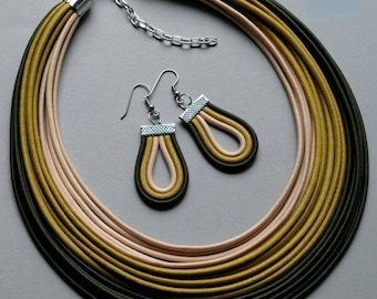 Statement bib necklace, Khaki beige jewelry set, Colourful tribal jewelry, Fiber strand jewelry, Khaki cords earrings, Fashion necklace