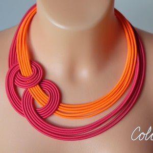 Neon orange and pink knot necklace, Unique knotted necklace, Colourful rope necklace, Statement pink necklace, Trendy necklace Colorika image 5