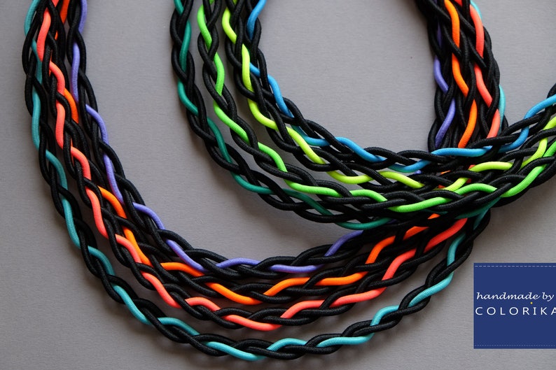 Colourful necklace Black bib necklace Rainbow necklace Tribal necklace Braided necklace Bold neon necklace Fabric necklace Colorika