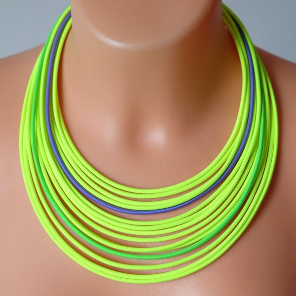 Multistrand necklace / yellow necklace / Bright jewelry / Textile yellow necklace / Multistrand coloured necklace / Green neon necklace