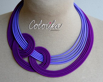 Bold purple necklace, Multistrand necklace, Colourful fabric necklace, Knotted purple necklace, Statement violet necklace, Bib necklace