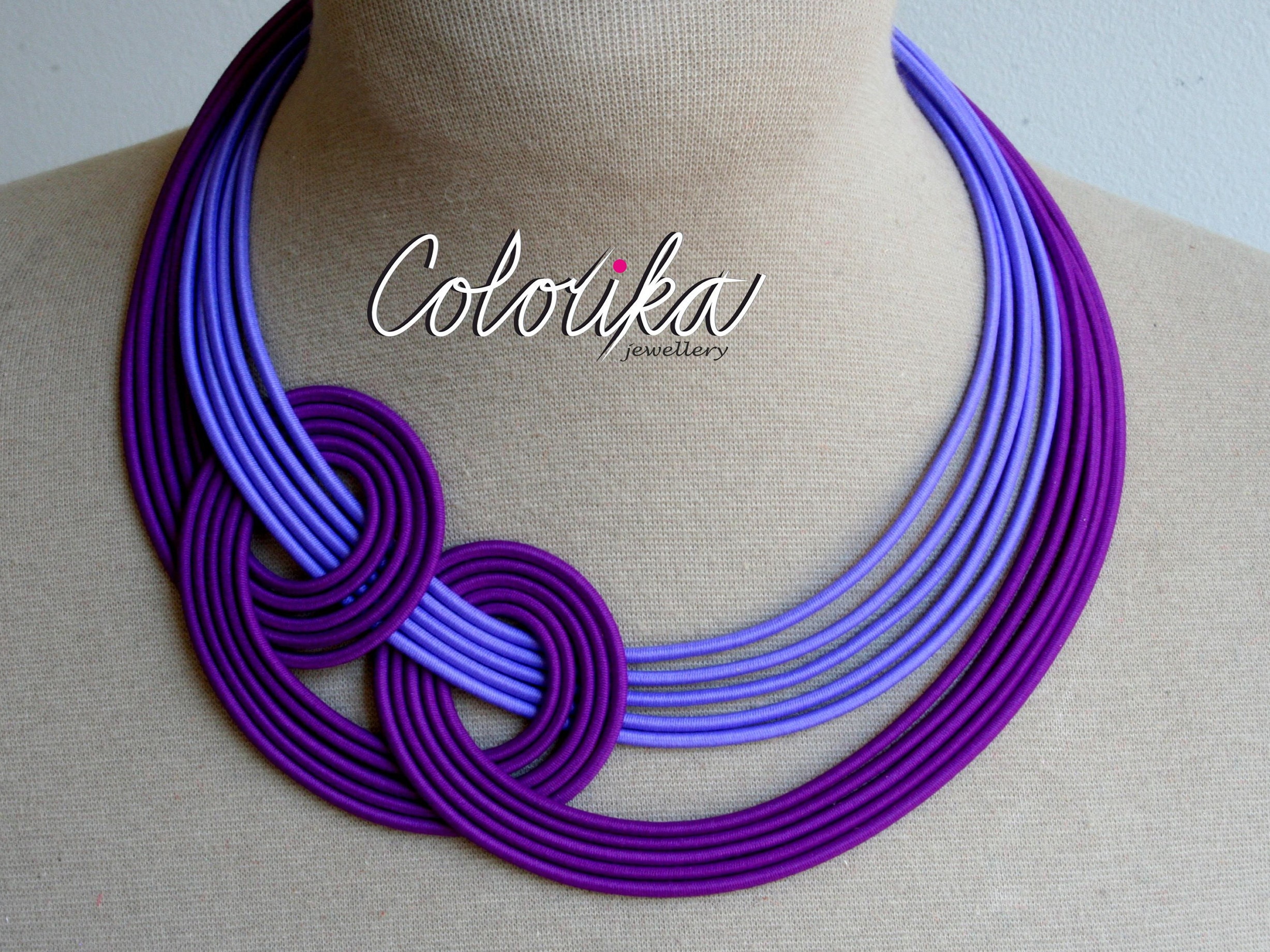 Bold purple necklace, Multistrand necklace, Colourful fabric necklace, Knotted purple necklace, Statement violet necklace, Bib necklace