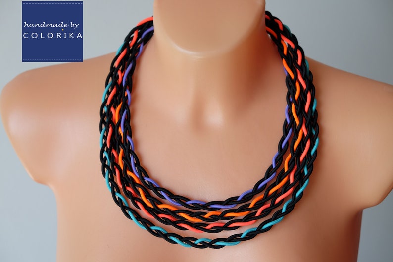 Colourful necklace Black bib necklace Rainbow necklace Tribal necklace Braided necklace Bold neon necklace Fabric necklace Colorika