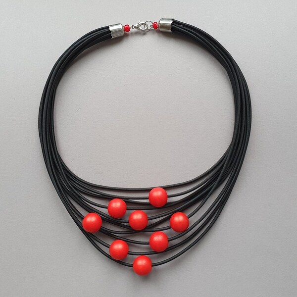 Collier noir, collier perlé, collier de perles rouges, collier de dossards, collier Statement, collier Chunky, collier de corde, collier africain