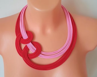 Statement pink and red necklace, Fashion strand necklace,Handmade red necklace,Knotted necklace, Red cords necklace,Bold colourful necklace