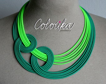 Neon fabric necklace, Green neon necklace, Knotted green necklace, Statement rope necklace, Unique fun necklace, Chunky colourful necklace