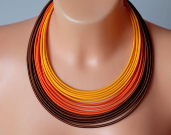 Statement necklace, Autumn color necklace, Orange strand necklace, Bold colorful necklace, Multistrand necklace, Fabric necklace Colorika