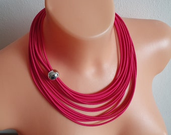 Pink fabric necklace, Textile rope necklace, Pink statement necklace, Rope necklace, Cord necklace, Multistrand necklace, Layered necklace