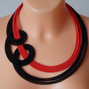 Statement necklace, Red necklace, Black necklace, Tribal necklace, African necklace, Bib necklace, Bold necklace, Fabric necklace