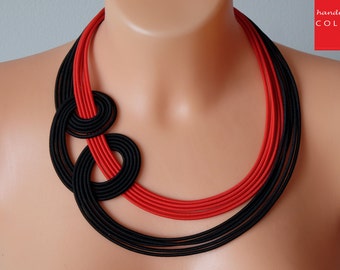 Statement necklace, Red necklace, Black necklace, Tribal necklace, African necklace, Bib necklace, Bold necklace, Fabric necklace