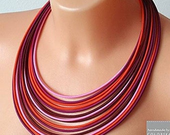 Multicolored necklace, Pink necklace, Pink rope necklace, Statement necklace, Orange multistrand necklace, Bib neklace, Bordeaux jewelry