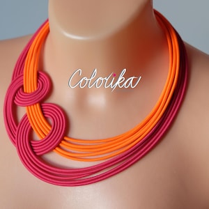 Neon orange and pink knot necklace, Unique knotted necklace, Colourful rope necklace, Statement pink necklace, Trendy necklace Colorika image 4