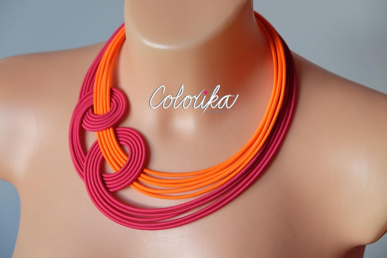 Neon orange and pink knot necklace, Unique knotted necklace, Colourful rope necklace, Statement pink necklace, Trendy necklace Colorika image 4