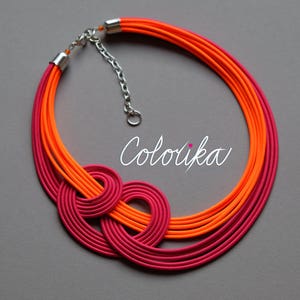 Neon orange and pink knot necklace, Unique knotted necklace, Colourful rope necklace, Statement pink necklace, Trendy necklace Colorika imagen 2