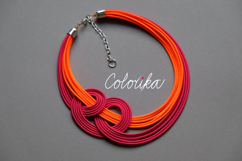 Neon orange and pink knot necklace, Unique knotted necklace, Colourful rope necklace, Statement pink necklace, Trendy necklace Colorika image 2