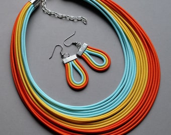 Boho jewerly set, Orange necklace, Chunky necklace, Bib necklace, Layered necklace, Cord necklace, Colourful necklace, Handmade necklace