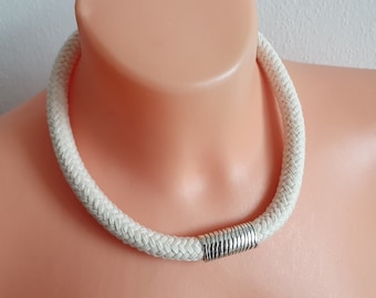 White Fabric Statement Necklace: Tribal Cord Textile Jewelry