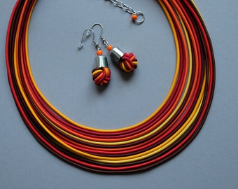 Orange necklace, Statement necklace, Orange jewelry set, Orange earrings, Layered necklace, Colorful necklace, Strand necklace,Boho necklace