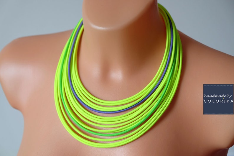 Multistrand necklace yellow necklace Bright jewelry Textile yellow necklace Multistrand coloured necklace Green neon necklace
