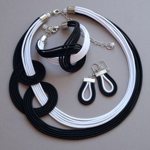 Knotted Black & White Necklace Set: Textile Cord Jewelry