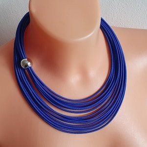 Blue Statement Necklace: Chunky Multistrand Textile Cord, Silver Accents