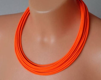 Neon statement necklace,Multistrand fashion necklace, Bright orange jewelry, Neon orange necklace, Colourful minimalist textile necklace