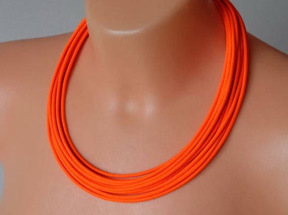 Neon statement necklace,Multistrand fashion necklace, Bright orange jewelry, Neon orange necklace, Colourful minimalist textile necklace