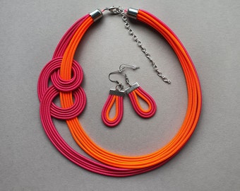 Knotted Black & White Cord Necklace and Earrings Set