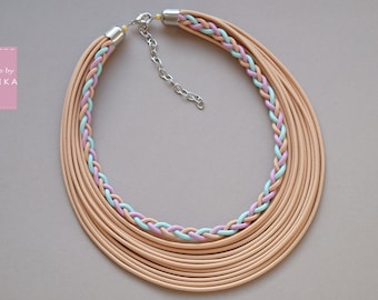 Beige Multi-Strand Necklace: Braided Rope Lariat, Boho Textile Jewelry