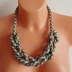 Beige statement necklace, Rope necklace, Tribal knotted necklace, Braided jewelry set, Necklace and bracelet, Colorful necklace