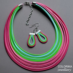 Rainbow green necklace, Colourful jewelry set, Boho jewelry, Pink statement necklace, Gift for woman, Ropes jewelry set, Multistrand jewelry