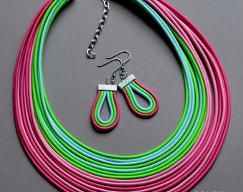 Rainbow Textile Cord Necklace & Earrings: Colorful Boho Jewelry Set