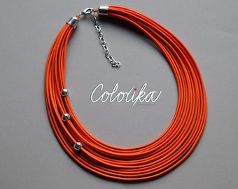 Strand necklace, orange necklace, textile necklace, Fashion necklace, beaded necklace, Bold necklace, Women necklace, Statement bib necklace