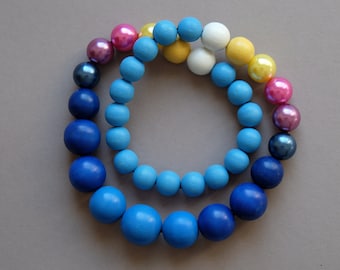 Wooden bead necklace, Rainbow beaded necklace, Chunky bead necklace, Wooden necklace, Blue pink necklace,Statement bead necklace,Large beads