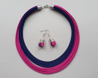 Fuchsia blue jewelry set, Blue necklace and earrings, Strand necklace, Knotted earrings, Fuchsia necklace, Statement necklace, Jewelry set