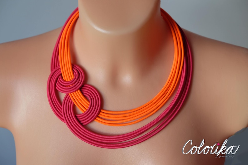 Neon orange and pink knot necklace, Unique knotted necklace, Colourful rope necklace, Statement pink necklace, Trendy necklace Colorika image 6