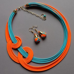 Neon Orange Knotted Necklace & Earring Set: Boho Textile Jewelry