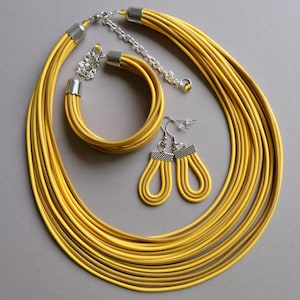 African jewelry set, Yellow statement necklace, Tribal necklace and bracelet, Yellow strand jewelry set, Boho chunky jewelry, Bib necklace