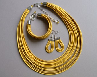 African jewelry set, Yellow statement necklace, Tribal necklace and bracelet, Yellow strand jewelry set, Boho chunky jewelry, Bib necklace