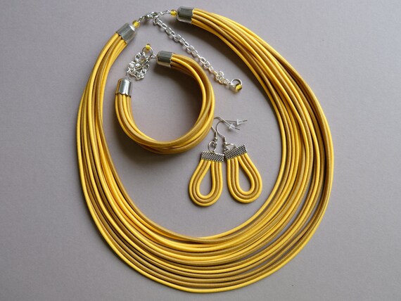 African jewelry set, Yellow statement necklace, Tribal necklace and bracelet, Yellow strand jewelry set, Boho chunky jewelry, Bib necklace