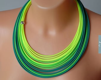 Neon Green Textile Rope Necklace: Choker, Handmade Statement Jewelry